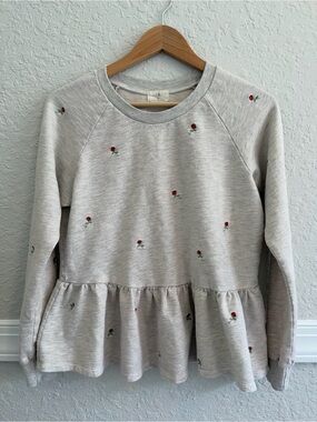 T.La Anthropologie Peplum Sweatshirt – Size Small – Gray with rose embroidery